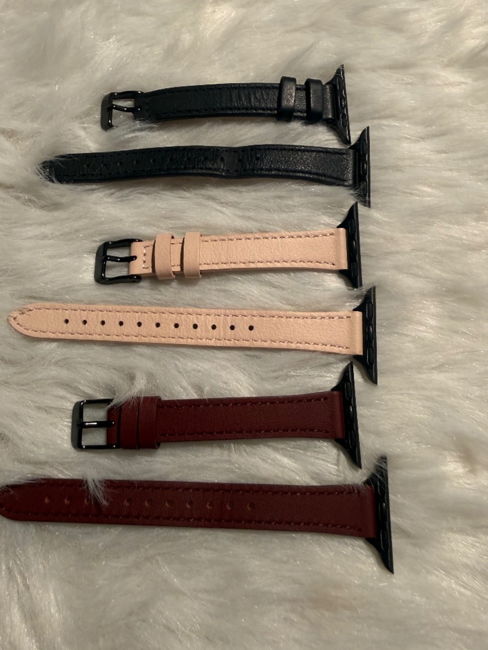 3- Genuine Leather Black, Burgundy, & Light Pink Apple Watch Bands, Adj.
